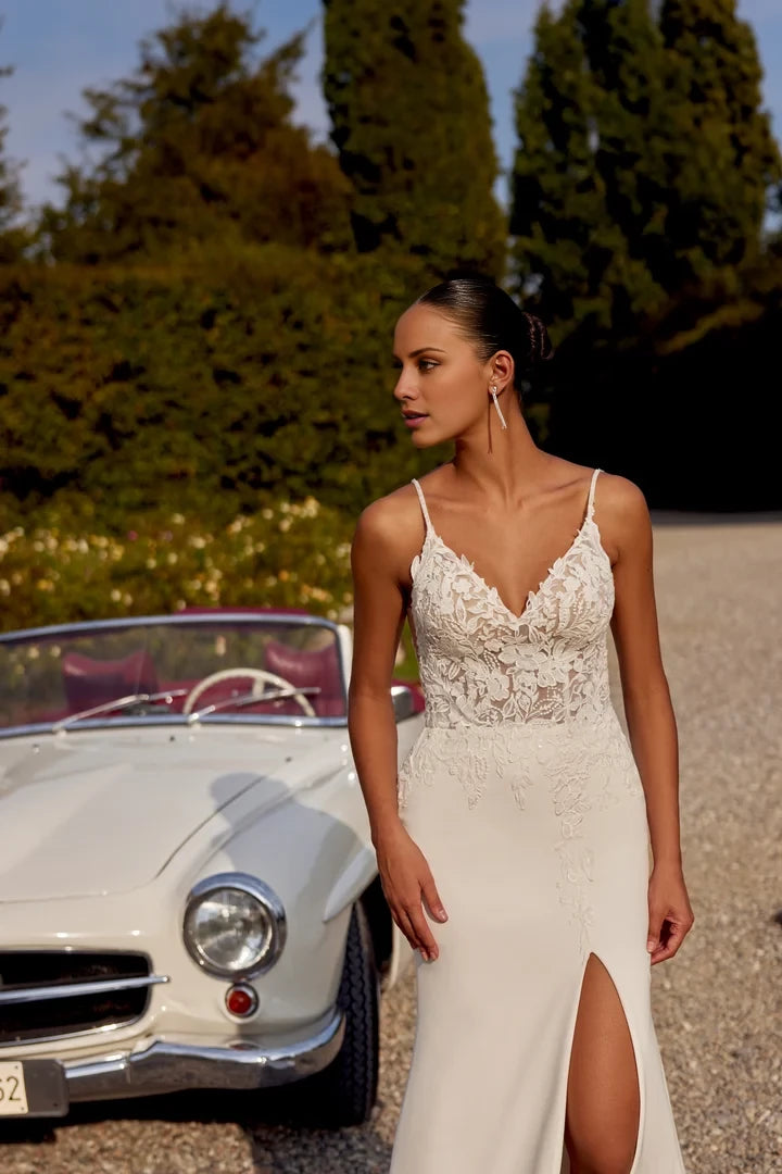 Lace and Crepe Fit and Flare Wedding Dress with Slit Wedding Dresses