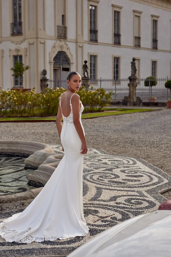 Lace and Crepe Fit and Flare Wedding Dress with Slit Wedding Dresses
