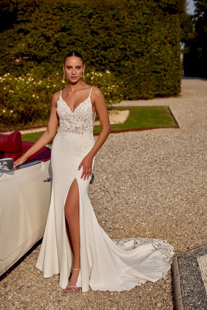 Lace and Crepe Fit and Flare Wedding Dress with Slit Wedding Dresses