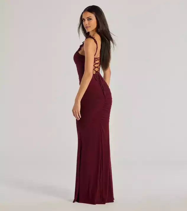 Lace suspenders Back Lace Up Ruched Mermaid Evening Dress