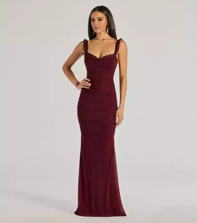 Lace suspenders Back Lace Up Ruched Mermaid Evening Dress