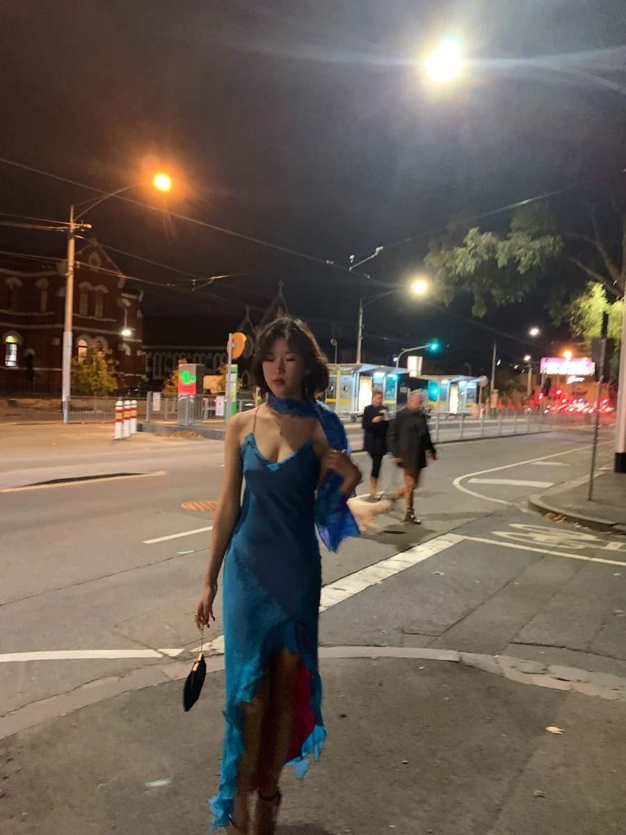 Lake Blue Satin Ruffle High Slit Spaghetti Strap Midi Dress