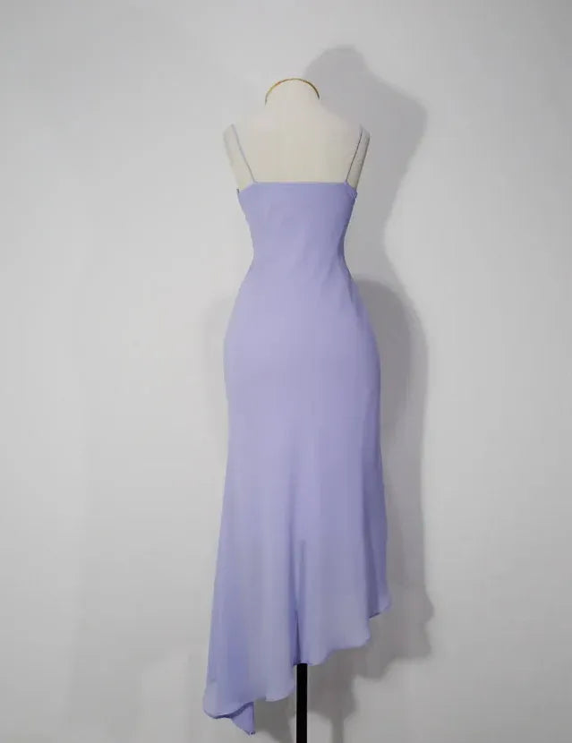 Lavender Beaded Spaghetti Strap Midi Dress – Asymmetrical Hem Chiffon Formal Dress