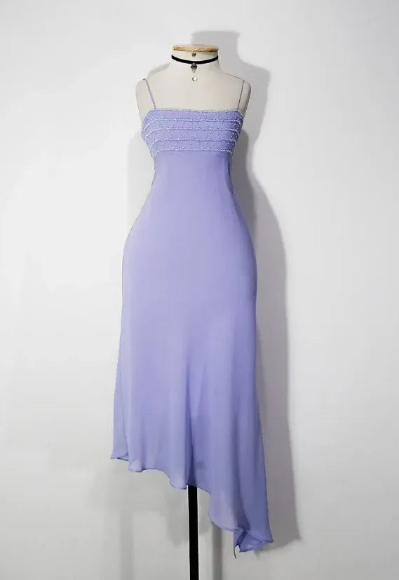 Lavender Beaded Spaghetti Strap Midi Dress – Asymmetrical Hem Chiffon Formal Dress