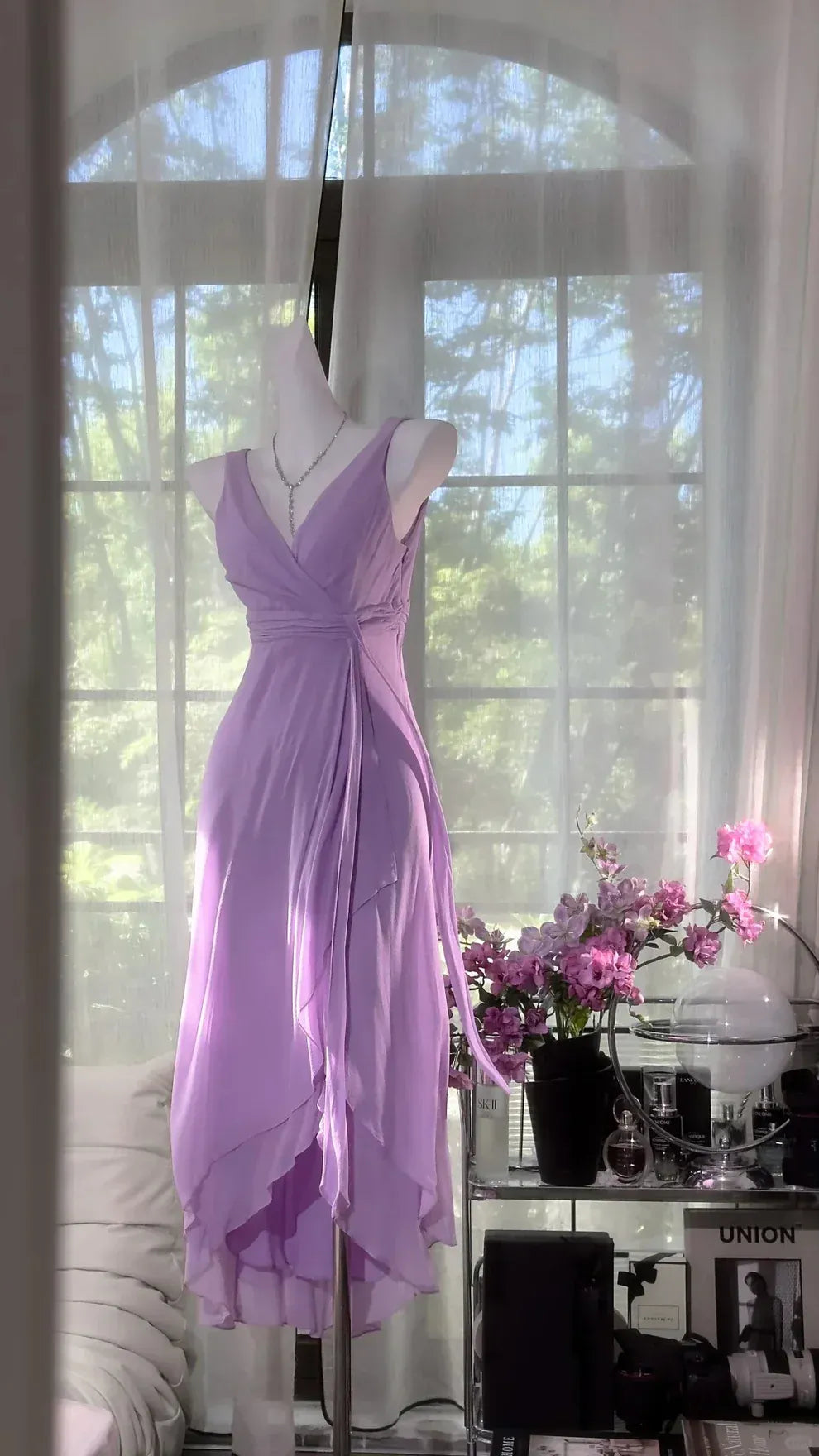 Lavender Chiffon Wrap Midi Gown – V-Back Ruffle Hem Formal Dress