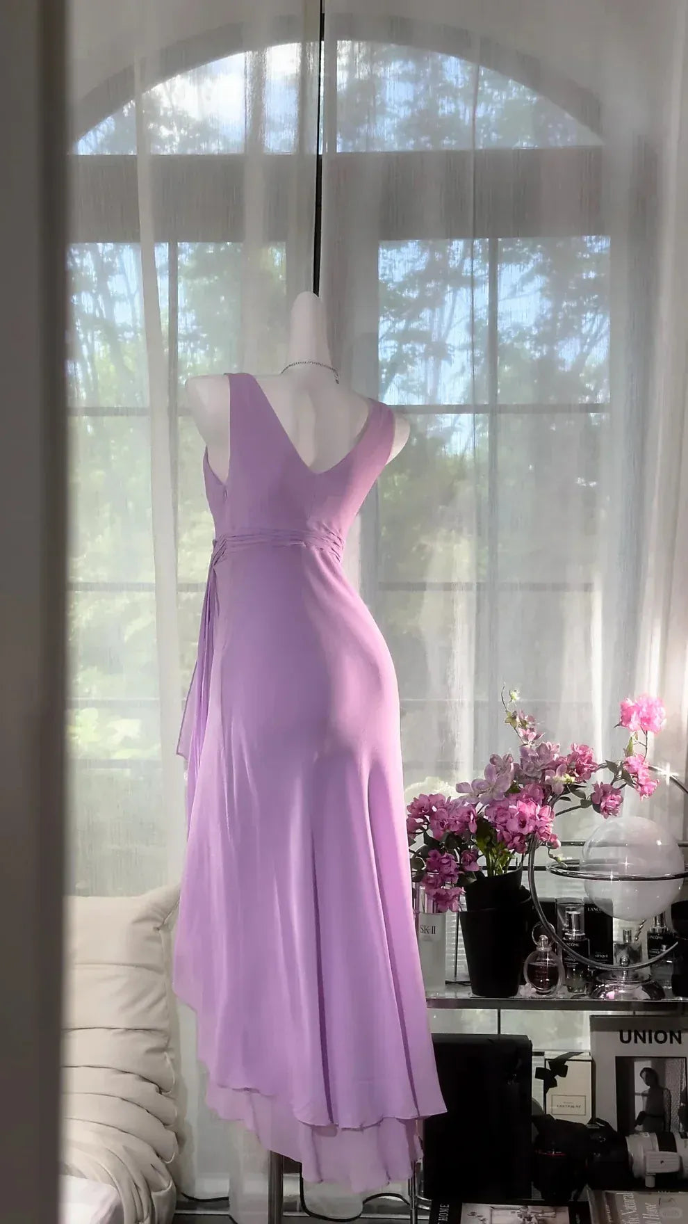 Lavender Chiffon Wrap Midi Gown – V-Back Ruffle Hem Formal Dress