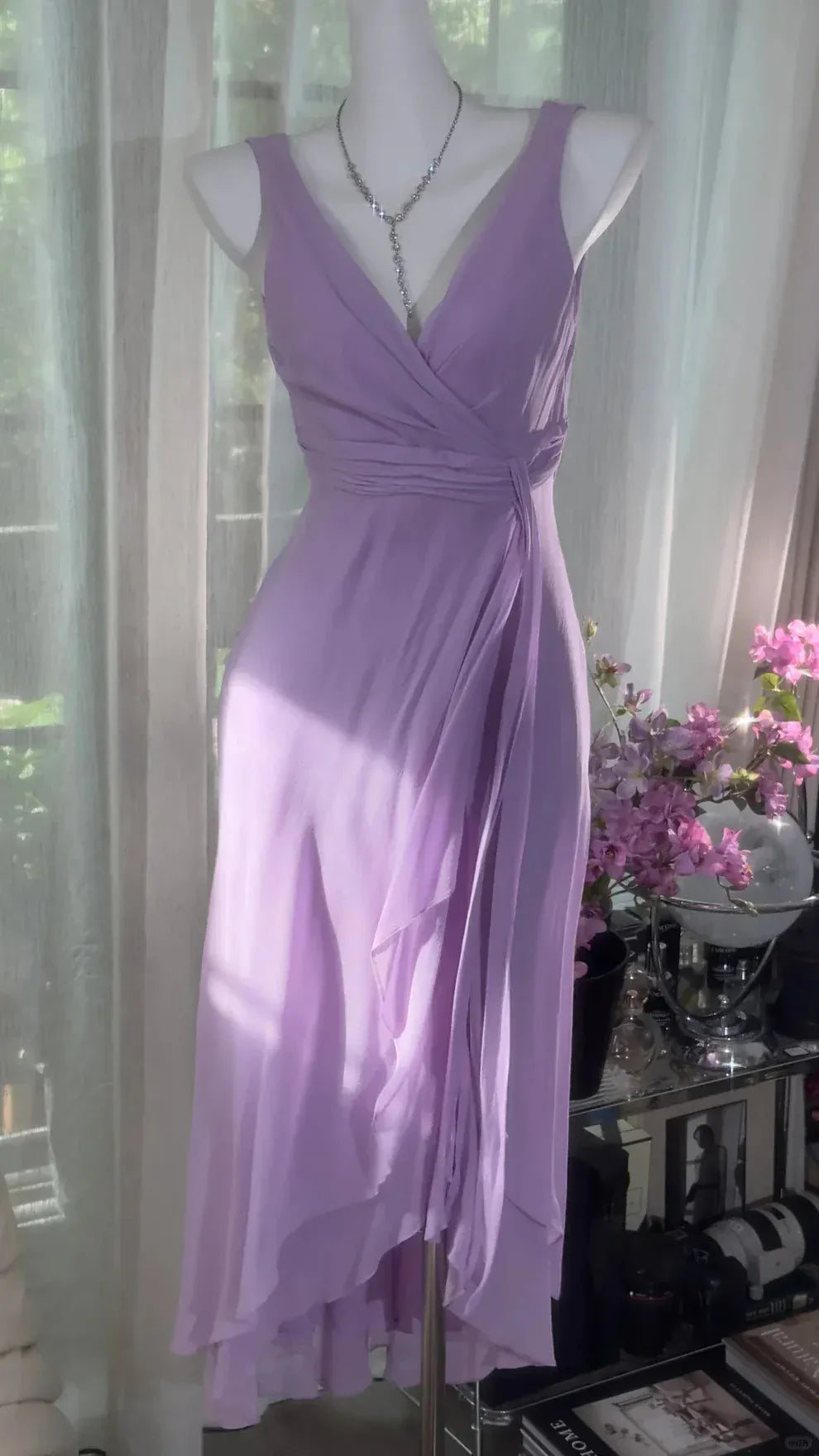 Lavender Chiffon Wrap Midi Gown – V-Back Ruffle Hem Formal Dress