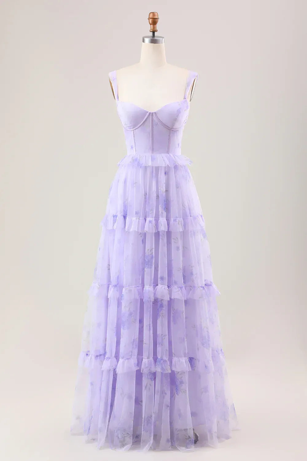 Lavender Floral Tiered Tulle Maxi Dress – Sweetheart Corset Formal Prom Gown