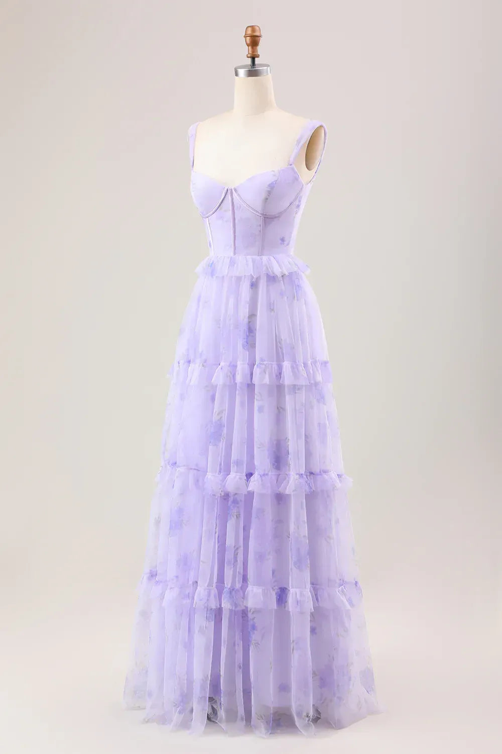 Lavender Floral Tiered Tulle Maxi Dress – Sweetheart Corset Formal Prom Gown