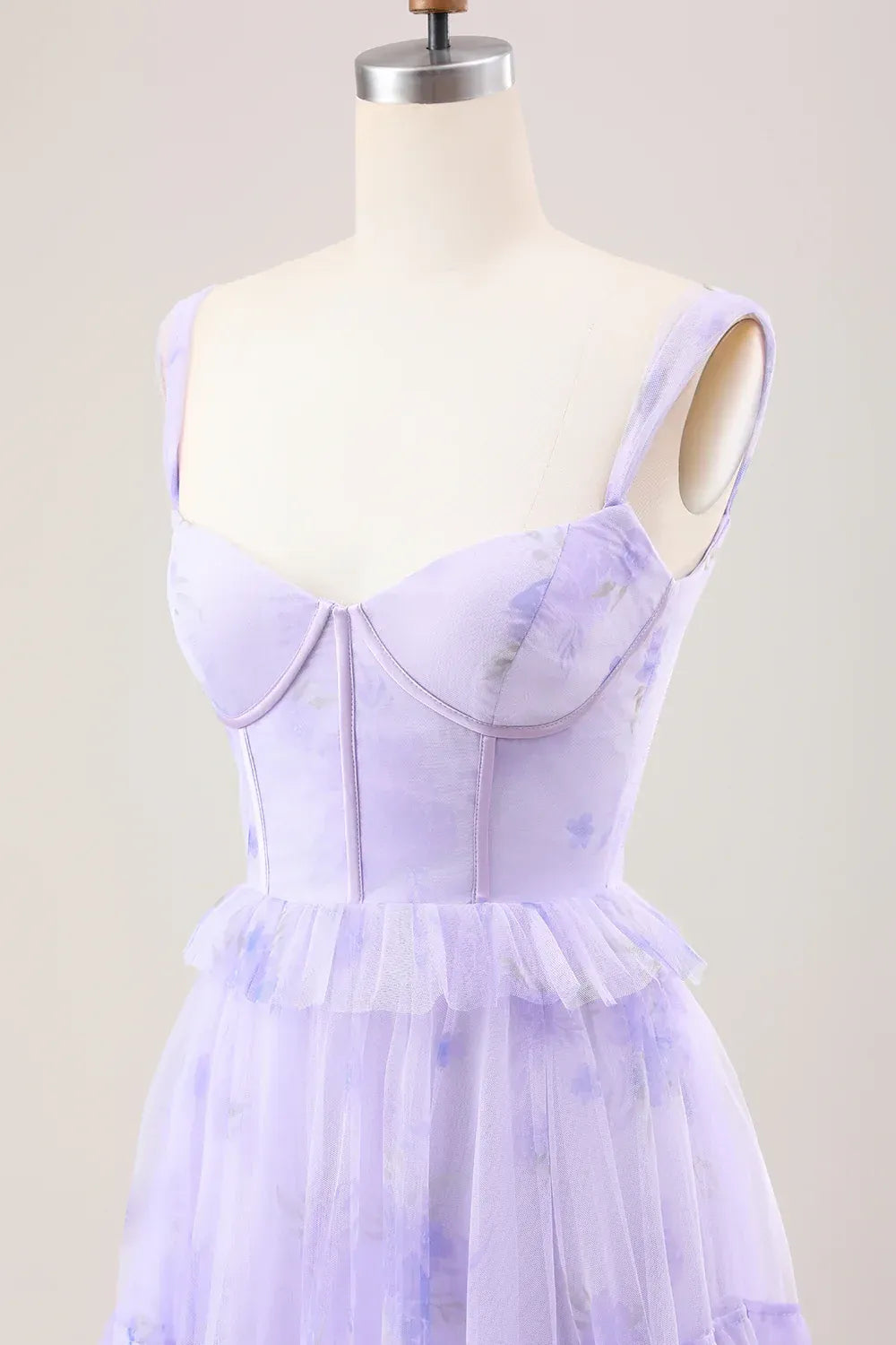 Lavender Floral Tiered Tulle Maxi Dress – Sweetheart Corset Formal Prom Gown