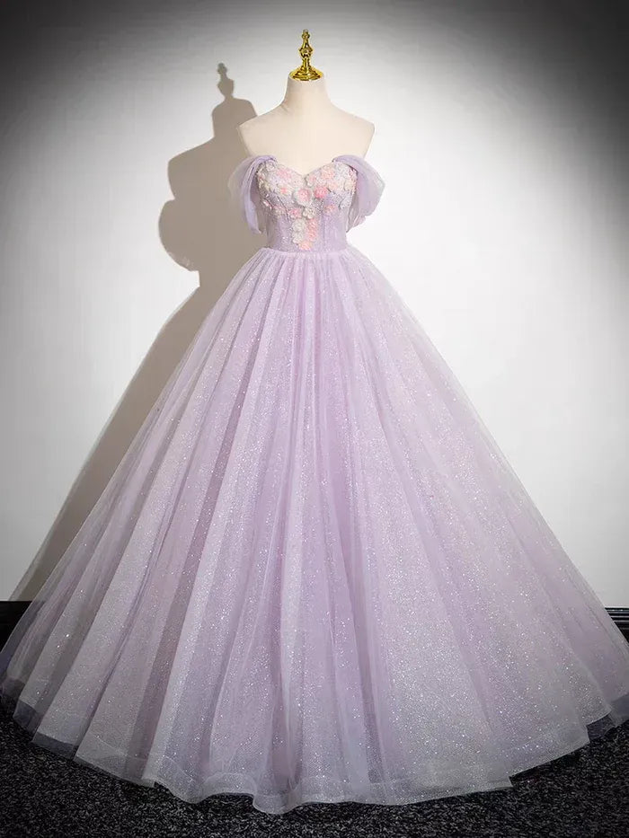 Lavender Off-the-Shoulder 3D Floral Glitter Tulle A-Line Ball Gown with Lace-Up Back