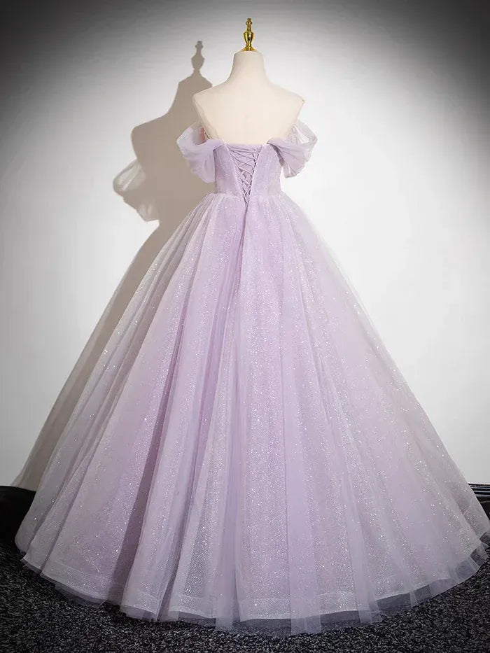 Lavender Off-the-Shoulder 3D Floral Glitter Tulle A-Line Ball Gown with Lace-Up Back