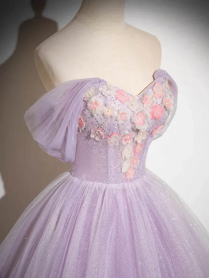 Lavender Off-the-Shoulder 3D Floral Glitter Tulle A-Line Ball Gown with Lace-Up Back