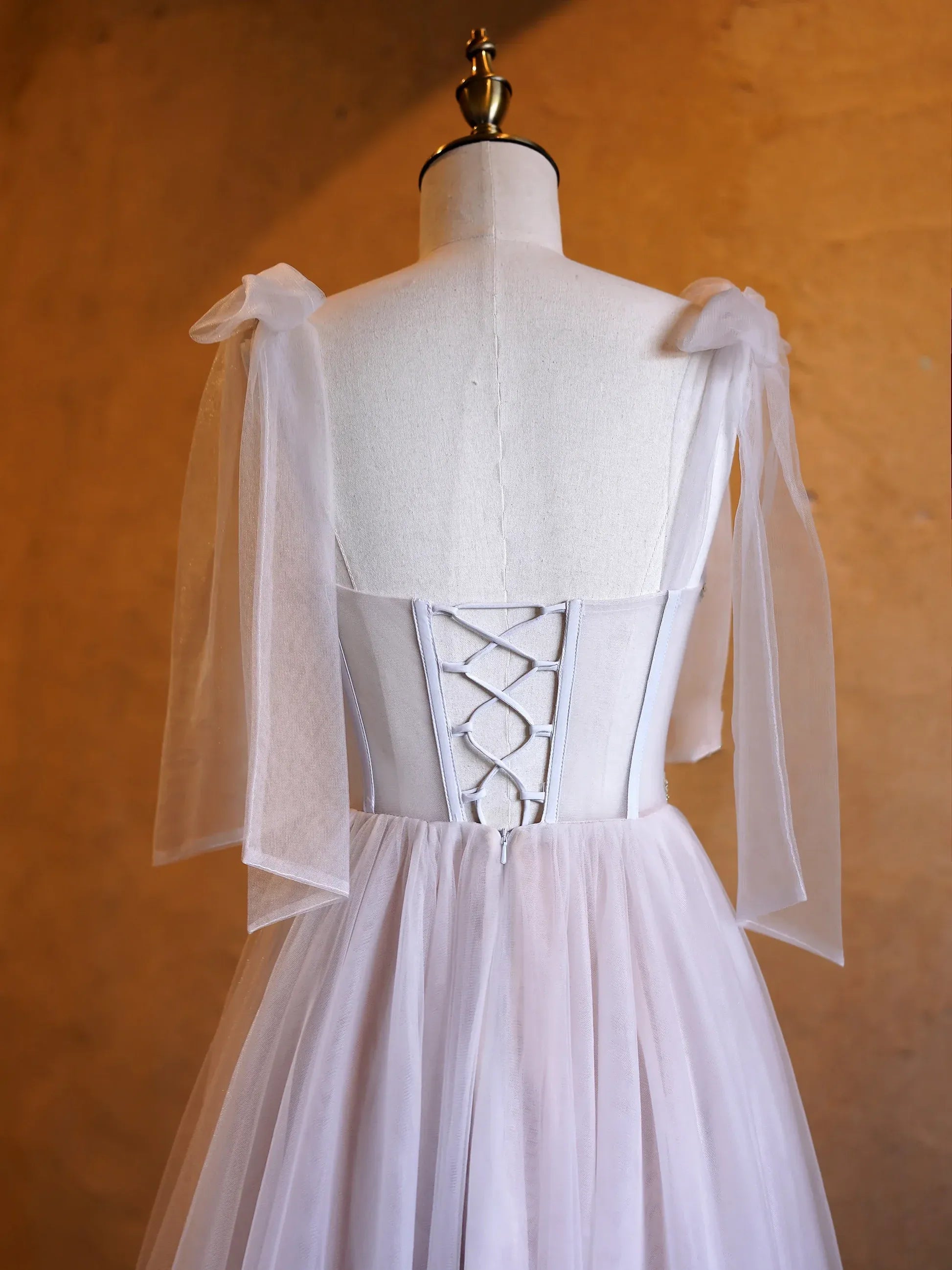 Lavender Off-the-Shoulder Bow Sleeve Embroidered Tulle A-Line Ball Gown
