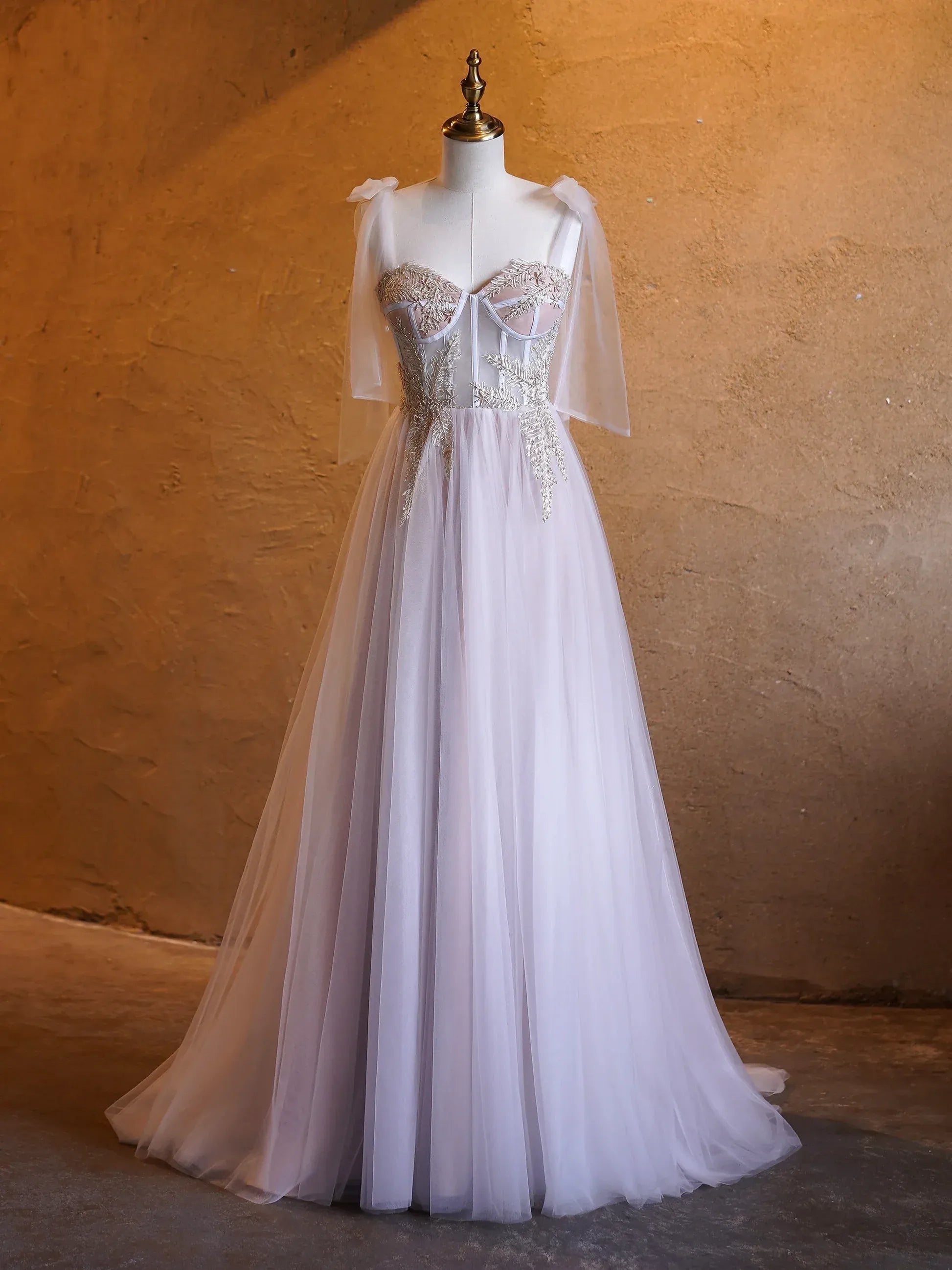 Lavender Off-the-Shoulder Bow Sleeve Embroidered Tulle A-Line Ball Gown