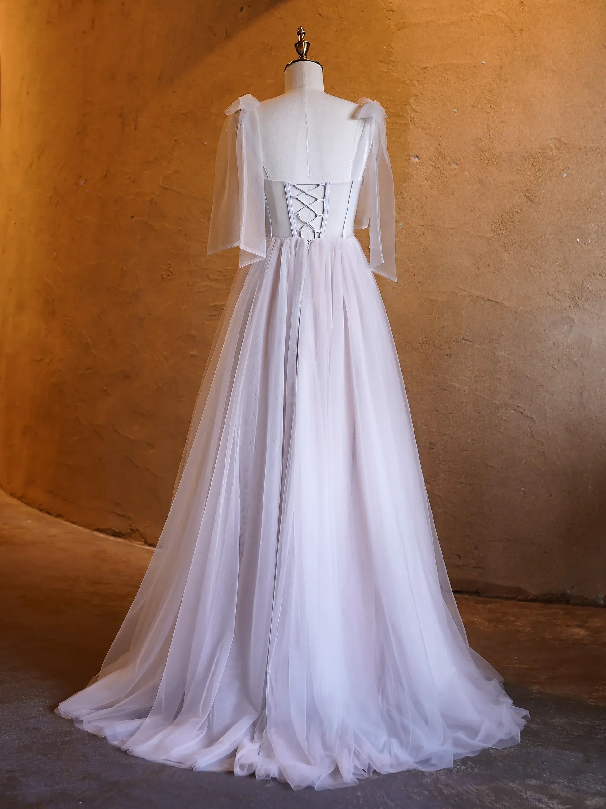 Lavender Off-the-Shoulder Bow Sleeve Embroidered Tulle A-Line Ball Gown