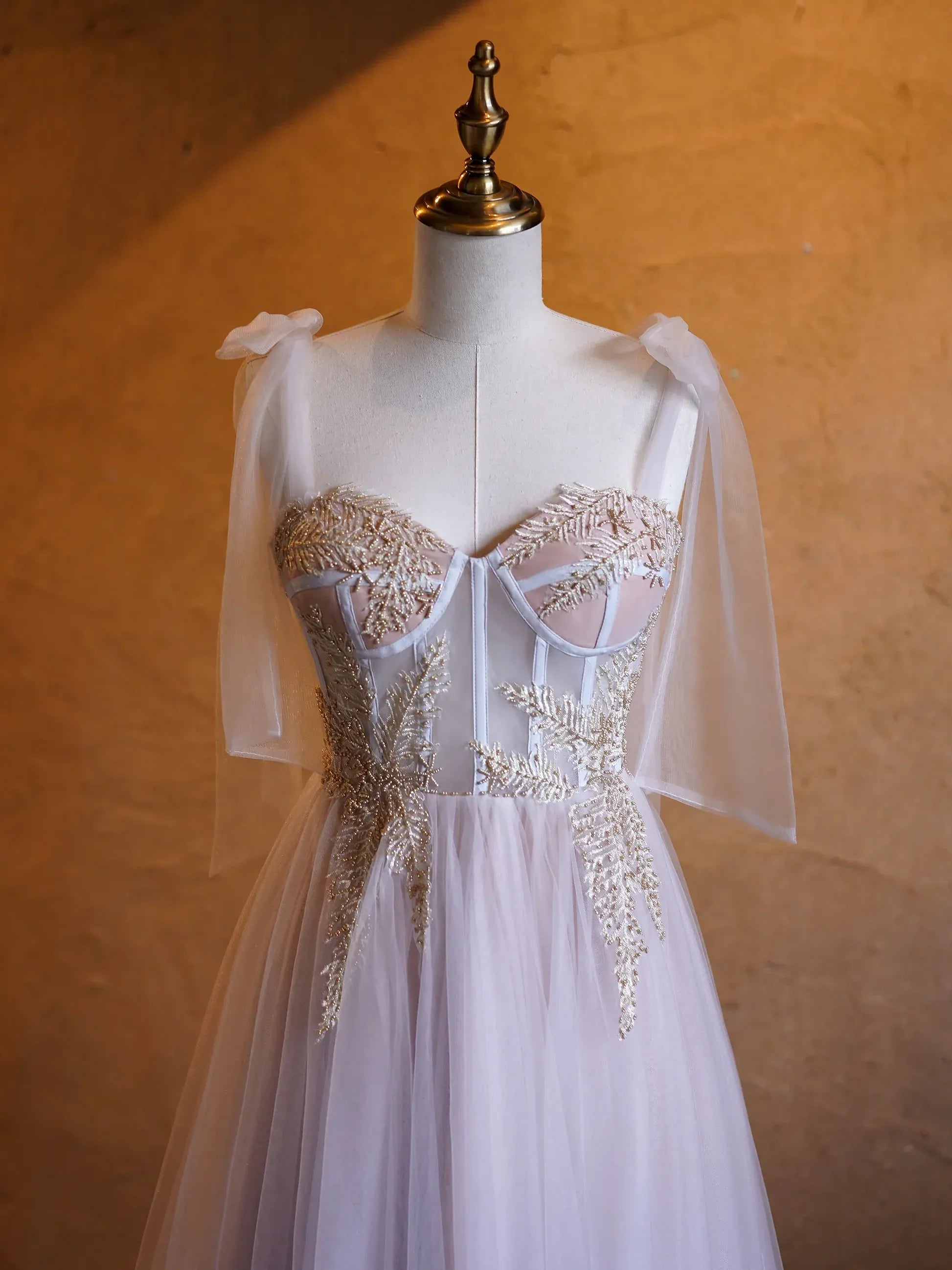 Lavender Off-the-Shoulder Bow Sleeve Embroidered Tulle A-Line Ball Gown