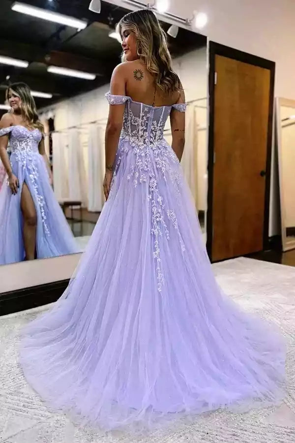 Lavender Off-the-Shoulder Embellished Tulle Slit Train Gown – Enchanting & Glamorous Evening Party Dress