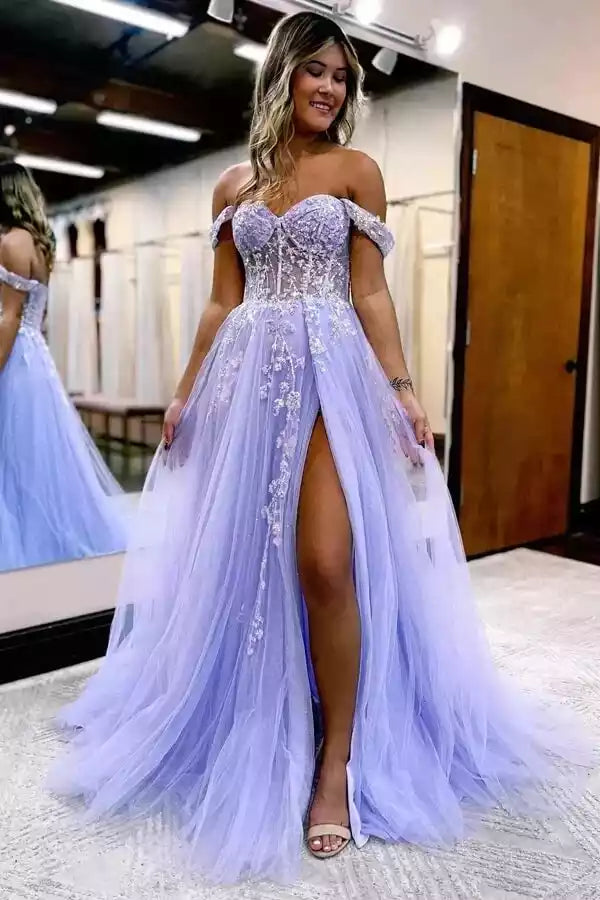 Lavender Off-the-Shoulder Embellished Tulle Slit Train Gown – Enchanting & Glamorous Evening Party Dress