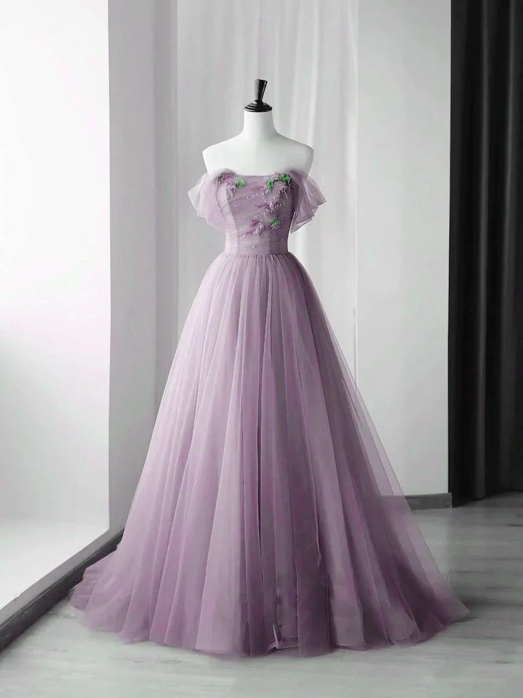Lavender Off-the-Shoulder Ruffle Sleeve Floral Embroidered Tulle A-Line Ball Gown