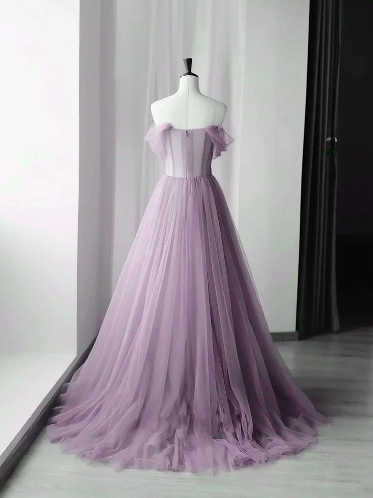 Lavender Off-the-Shoulder Ruffle Sleeve Floral Embroidered Tulle A-Line Ball Gown