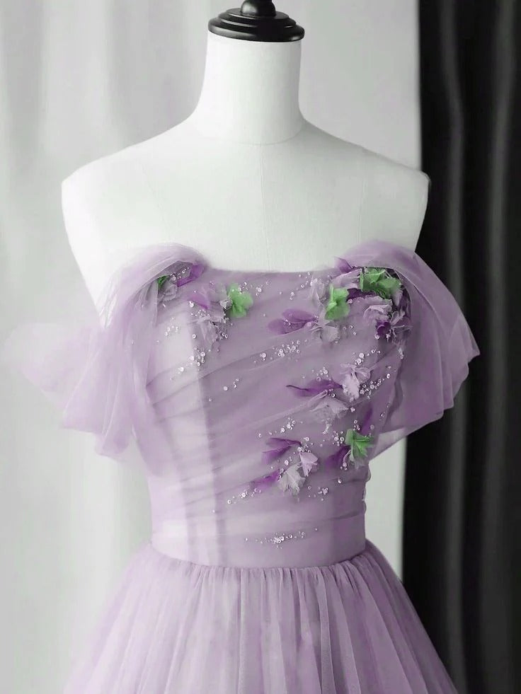 Lavender Off-the-Shoulder Ruffle Sleeve Floral Embroidered Tulle A-Line Ball Gown