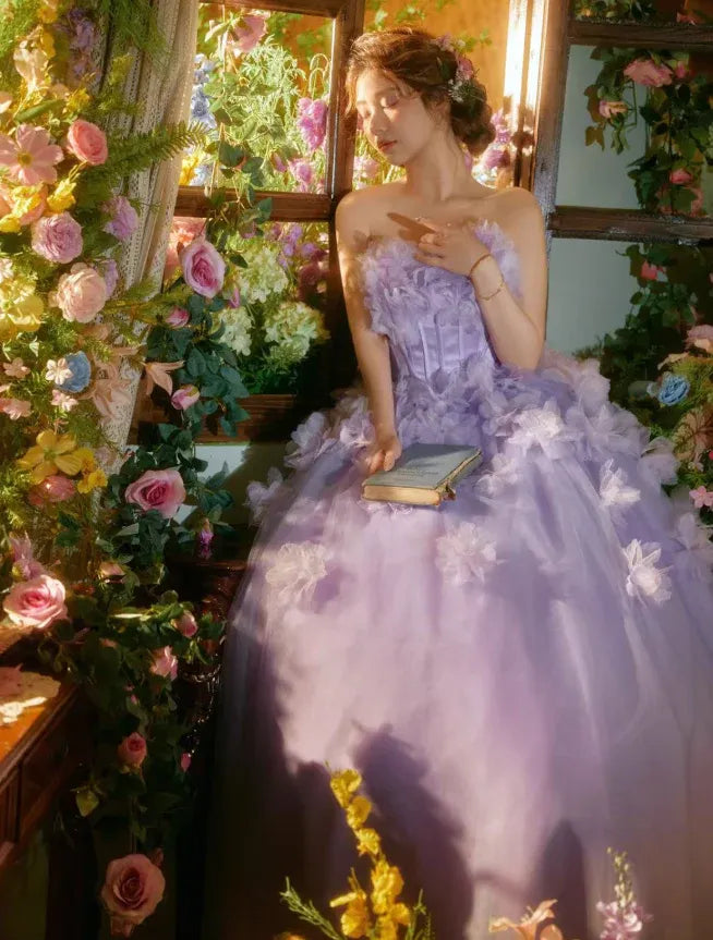 Lavender Purple 3D Floral Strapless Ball Gown