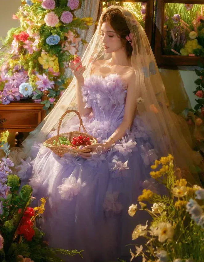 Lavender Purple 3D Floral Strapless Ball Gown