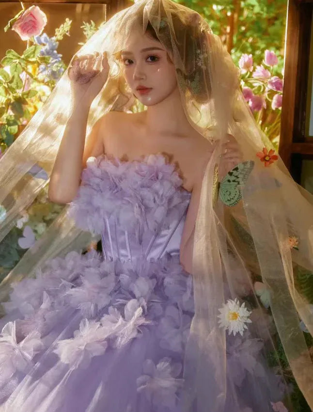 Lavender Purple 3D Floral Strapless Ball Gown