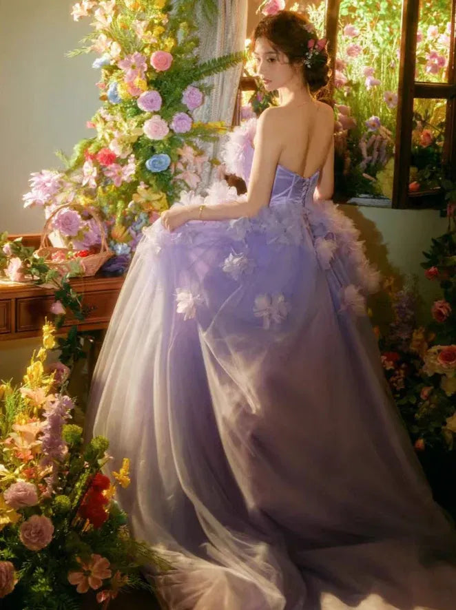 Lavender Purple 3D Floral Strapless Ball Gown