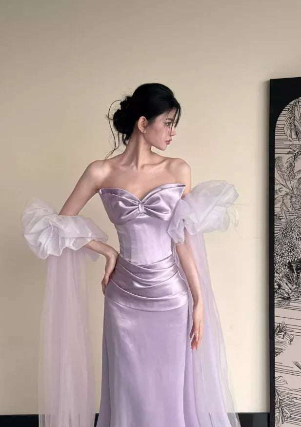 Lavender Satin Bow Strapless Mermaid Gown with Detachable Tulle Sleeves