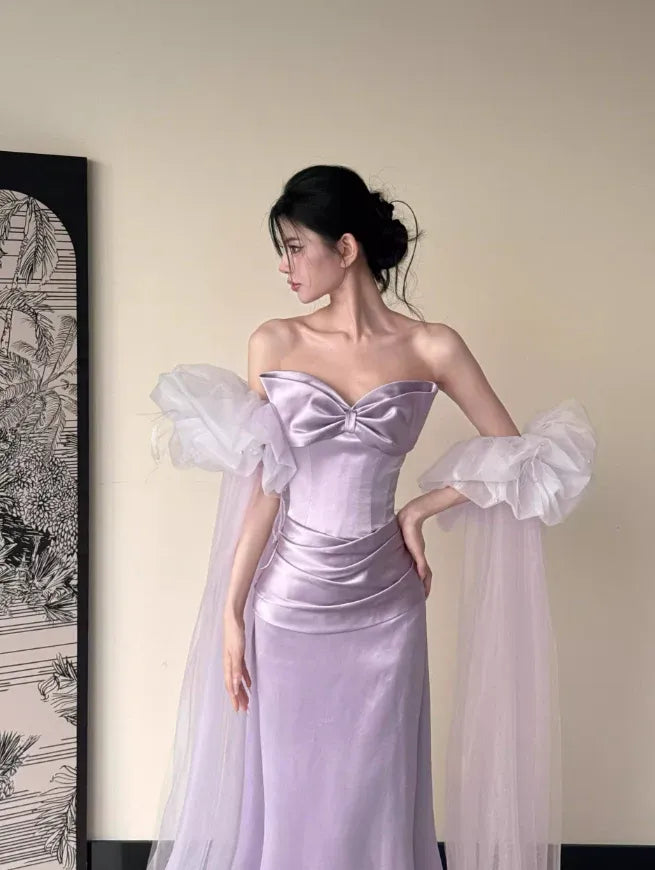 Lavender Satin Bow Strapless Mermaid Gown with Detachable Tulle Sleeves