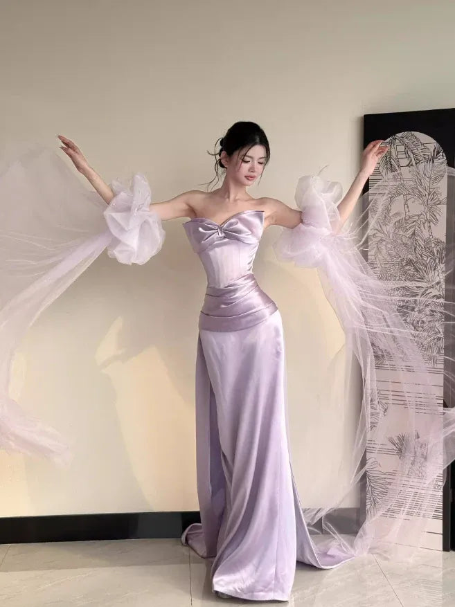 Lavender Satin Bow Strapless Mermaid Gown with Detachable Tulle Sleeves