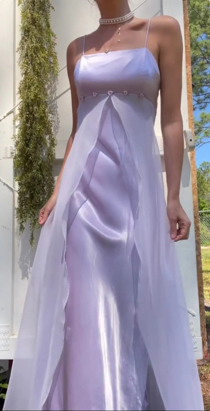 Lavender Satin Chiffon Overlay Maxi Dress – Spaghetti Strap Formal Bridesmaid Gown