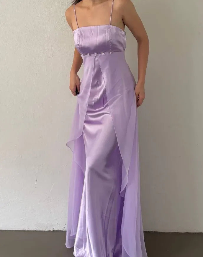 Lavender Satin Chiffon Overlay Maxi Dress – Spaghetti Strap Formal Bridesmaid Gown