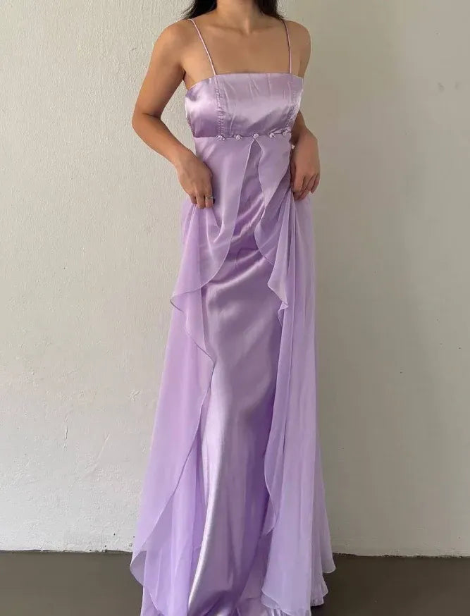 Lavender Satin Chiffon Overlay Maxi Dress – Spaghetti Strap Formal Bridesmaid Gown