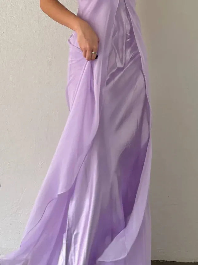 Lavender Satin Chiffon Overlay Maxi Dress – Spaghetti Strap Formal Bridesmaid Gown