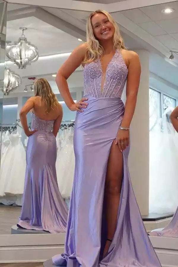 Lavender Satin Halter Beaded Mermaid Gown – Elegant & Dazzling Evening Party Dress