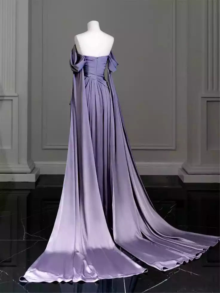 Lavender Satin Off-Shoulder Draped Train Gown – Regal & Luxurious Evening Party Dress
