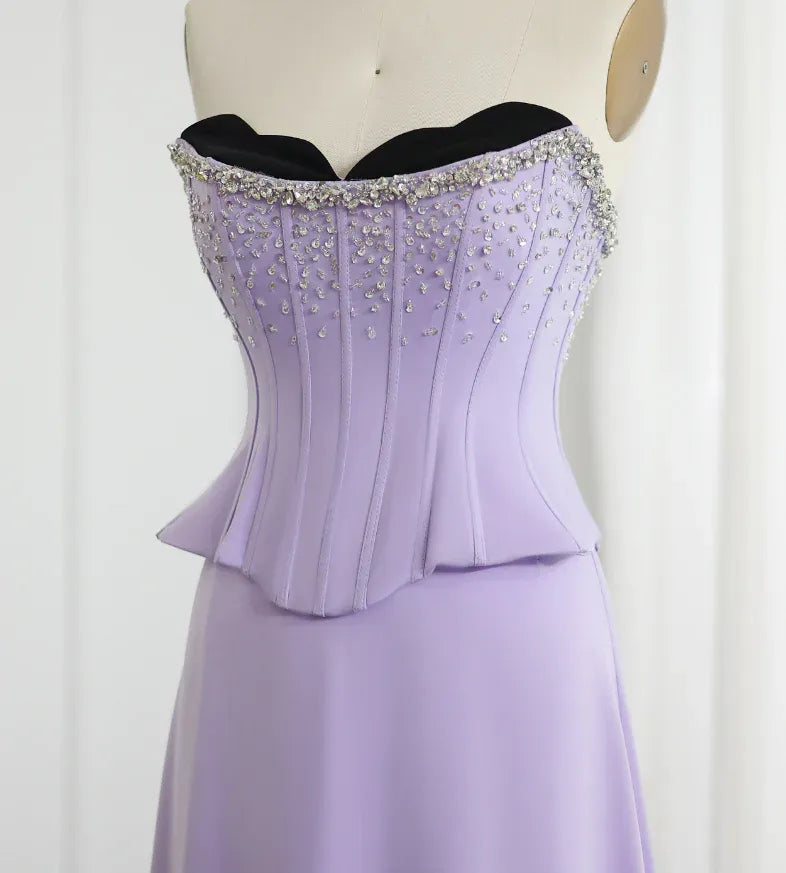 Lavender Satin Strapless Beaded Lace Mermaid Gown with Detachable Chiffon Train
