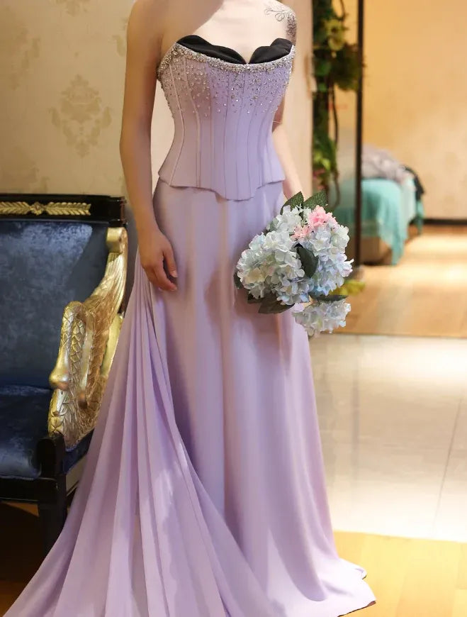 Lavender Satin Strapless Beaded Lace Mermaid Gown with Detachable Chiffon Train