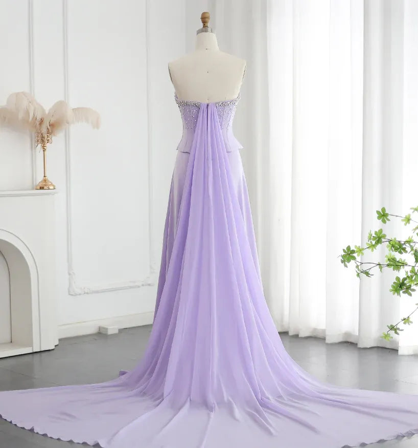 Lavender Satin Strapless Beaded Lace Mermaid Gown with Detachable Chiffon Train