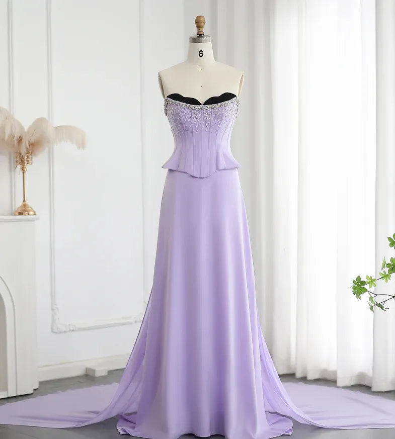Lavender Satin Strapless Beaded Lace Mermaid Gown with Detachable Chiffon Train