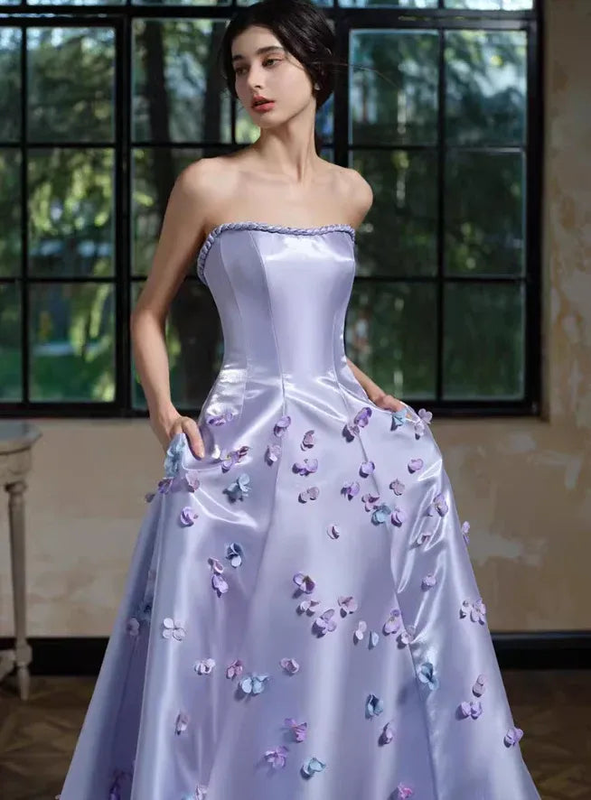 Lavender Satin Strapless Gown with 3D Floral Appliqués