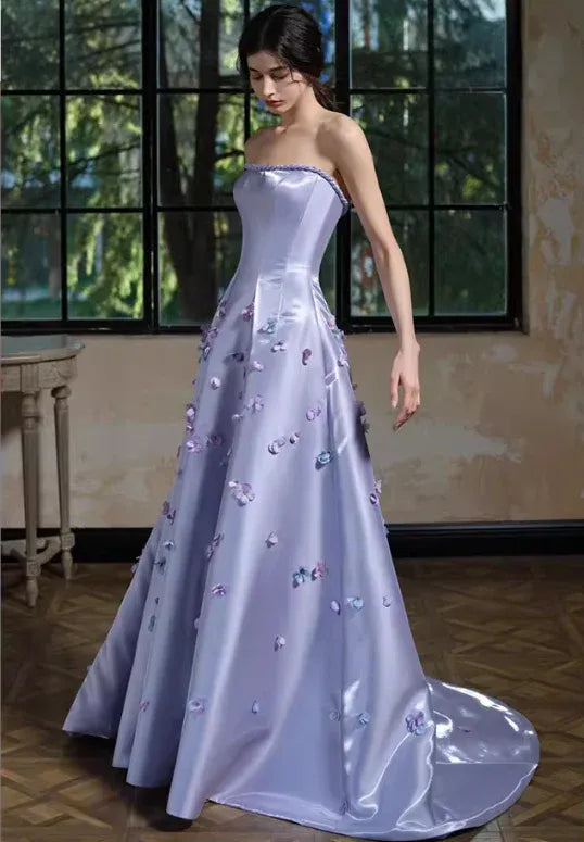 Lavender Satin Strapless Gown with 3D Floral Appliqués