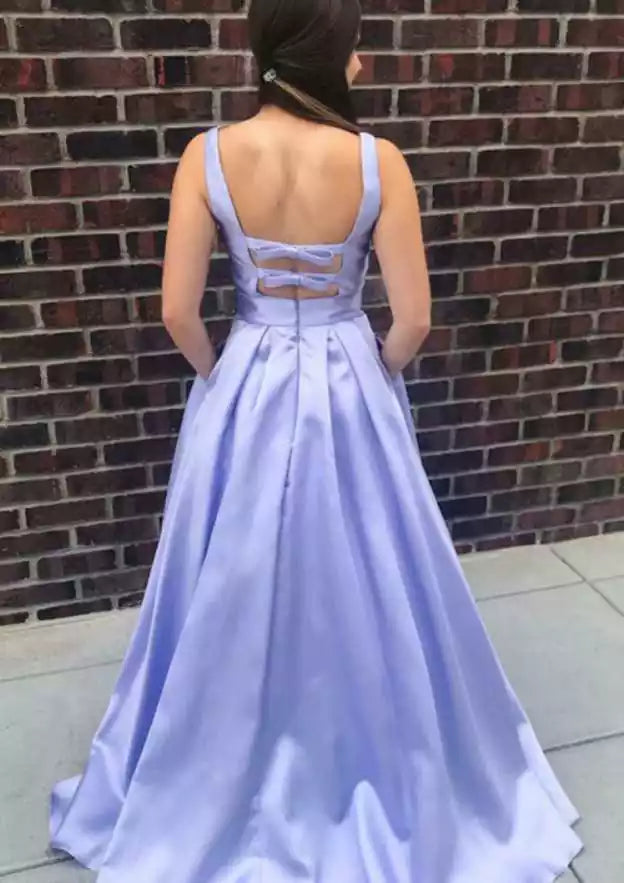 Lavender Satin V-Neck Ball Gown with Bow Back – Soft & Elegant Evening Party Dress