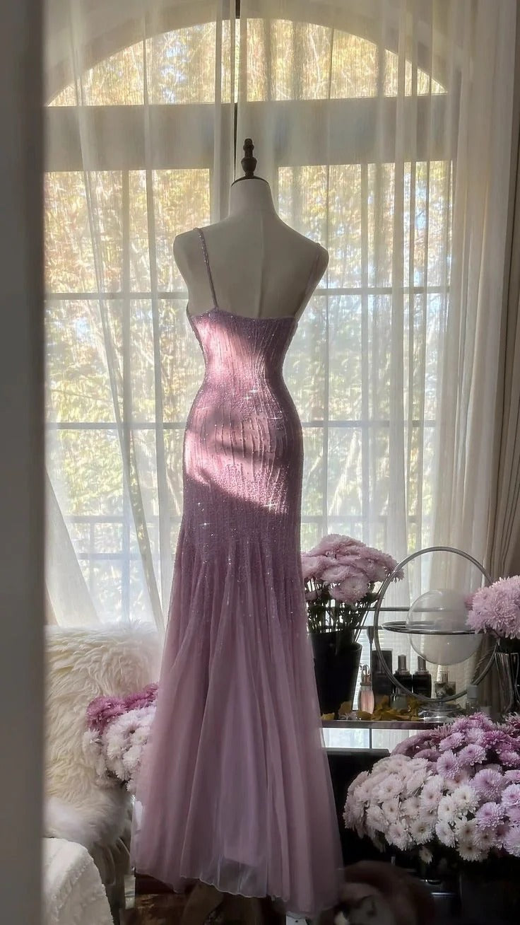 Lavender Sequin Beaded Tulle Spaghetti Strap Mermaid Gown