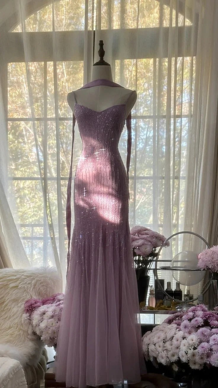 Lavender Sequin Beaded Tulle Spaghetti Strap Mermaid Gown