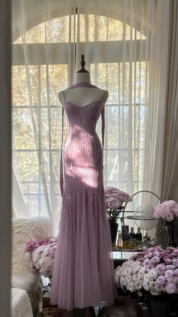 Lavender Sequin Beaded Tulle Spaghetti Strap Mermaid Gown