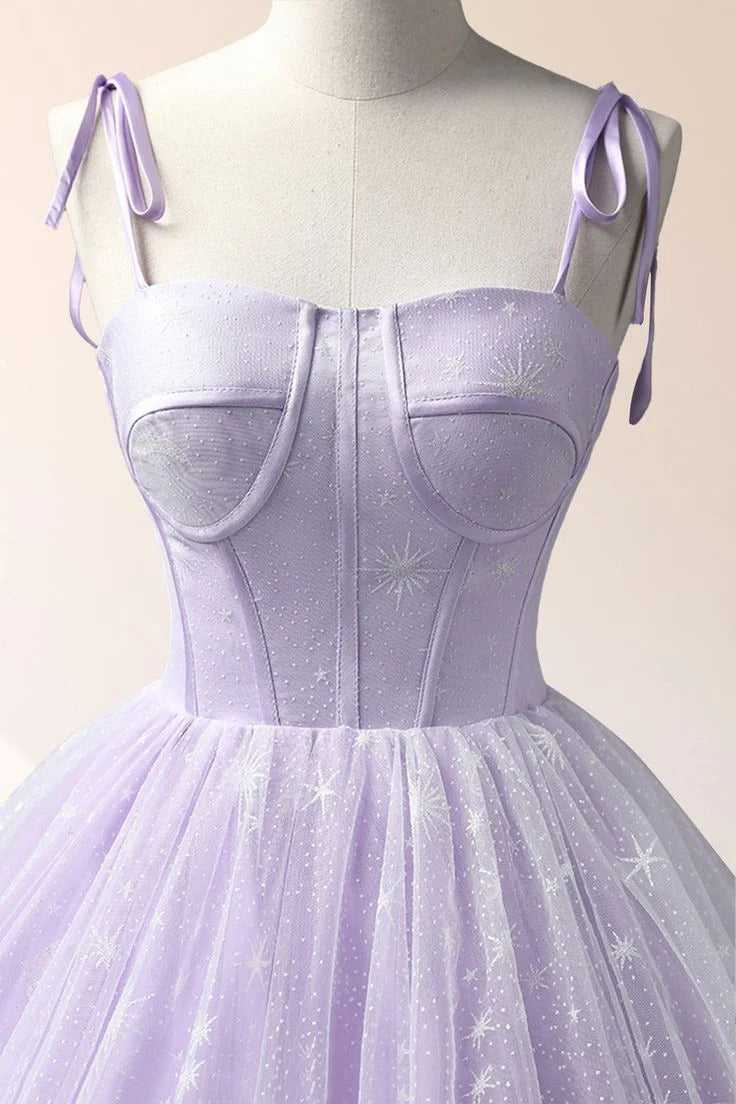 Lavender Spaghetti-Strap Star & Moon Embroidered Tulle Ball Gown with Lace-Up Back